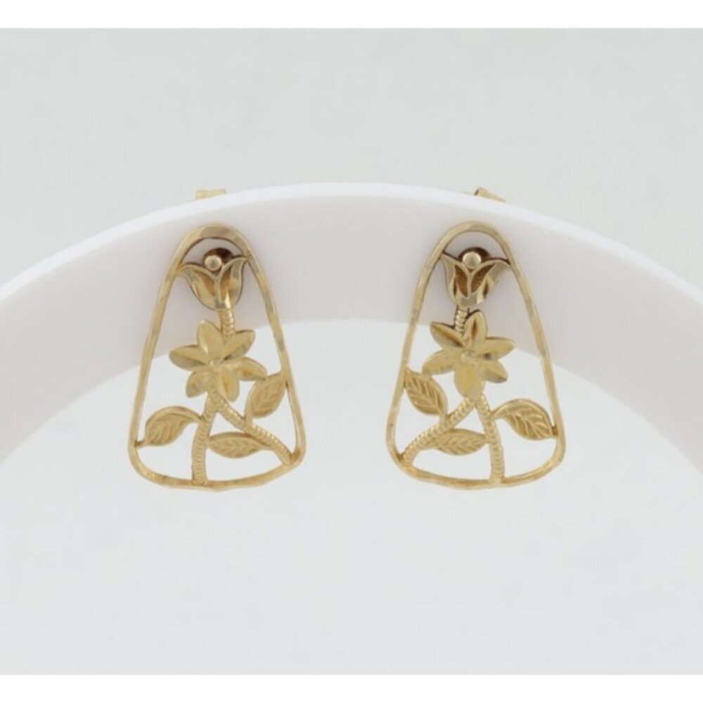 14k Yellow Gold Flower Floral Design Earrings Stud Post 3/4" x 1/2"